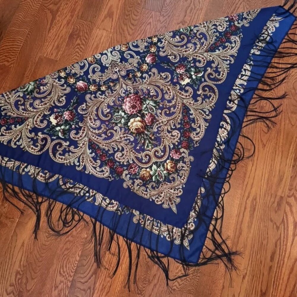 Luxury Navy Large Size Floral Design Scarf Excellent Condition